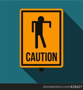 Yellow caution zombie sign icon. Flat illustration of yellow caution zombie sign vector icon for web isolated on baby blue background. Yellow caution zombie sign icon, flat style