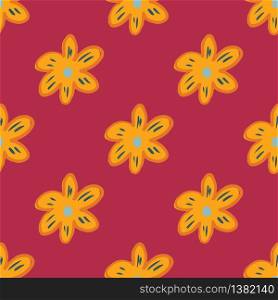 Yellow chamomile flowers seamless pattern on red backgroynd. Geometric daisy pattern. Ditsy floral wallpaper. Design for fabric, textile print, wrapping paper, cover. Vector illustration.. Yellow chamomile flowers seamless pattern on red backgroynd. Geometric daisy pattern.