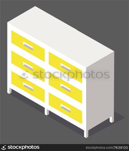 Yellow chest of drawers isolated on grey background isometric image. Wooden or plastic commode, furniture piece for living room 3d isometric vector illustration. Chest of Drawers Isolated on White Vector Image