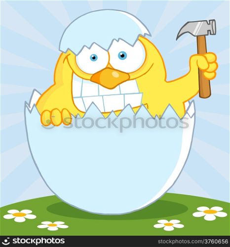 Yellow Chick With A Big Toothy Grin, Peeking Out Of An Egg With Hammer