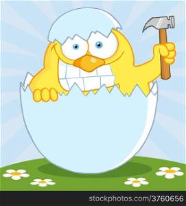 Yellow Chick With A Big Toothy Grin, Peeking Out Of An Egg With Hammer