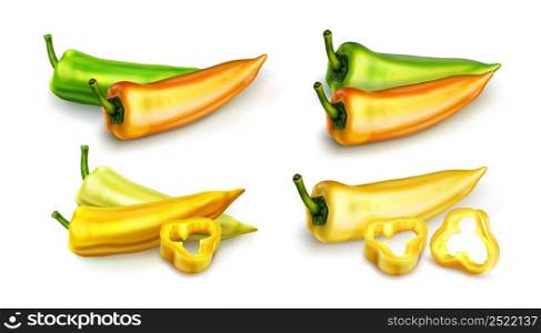 Yellow chili pepper, hot spicy plant pod, paprika cayenne with green stem vector realistic illustration isolated on white background. Chopped ripe vegetable with shadow. Yellow chili pepper, hot spicy paprika cayenne