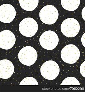 Yellow Circles and Black Chaotic Dots on White Background. Abstract Monochrome Seamless Pattern.