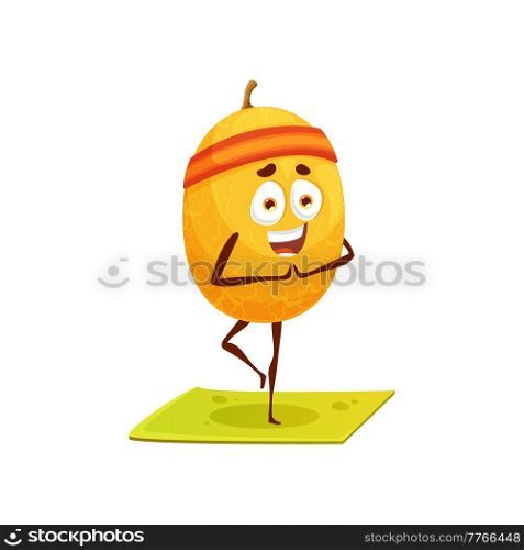 Yellow citrus lemon fruit cartoon character in sport band with face, hands and legs standing on fitness pilates mat isolated. Vector juicy lemon, tropical citron, sour fruit food dessert, happy smile. Lemon citrus cartoon character fitness yoga sport
