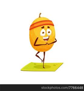 Yellow citrus lemon fruit cartoon character in sport band with face, hands and legs standing on fitness pilates mat isolated. Vector juicy lemon, tropical citron, sour fruit food dessert, happy smile. Lemon citrus cartoon character fitness yoga sport