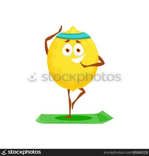 Yellow citrus smiling lemon fruit isolated cartoon character on sport trainings. Vector juicy lemon, tropical citron, ripe sour fruit in zest in sport band doing yoga, fitness pilates exercises on mat. Lemon cartoon character fitness yoga pilates sport