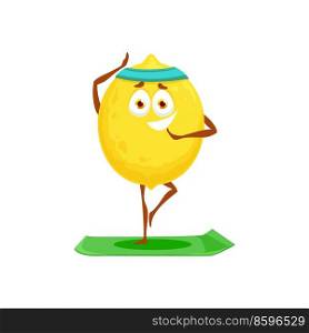 Yellow citrus smiling lemon fruit isolated cartoon character on sport trainings. Vector juicy lemon, tropical citron, ripe sour fruit in zest in sport band doing yoga, fitness pilates exercises on mat. Lemon cartoon character fitness yoga pilates sport
