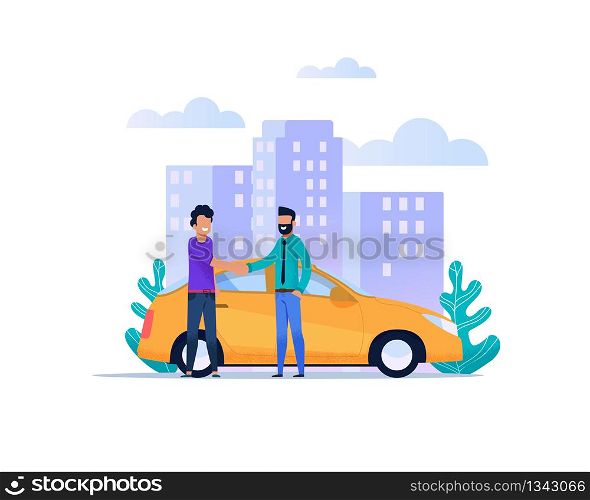 Yellow City Taxi Catching Service. Modern Flat Illustration. Two Man Character Meet and Greeting Hand each other. Urban Cityscape. Carpooling Journey Transportation Flyer. Business Trip Online.. Yellow City Taxi Catching Service. Modern Flat
