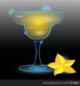 Yellow cocktail in Margarita glass with star fruit.Neon cocktail with light glowing isolated on black background. Illustration of alcohol drink with transparency effect.