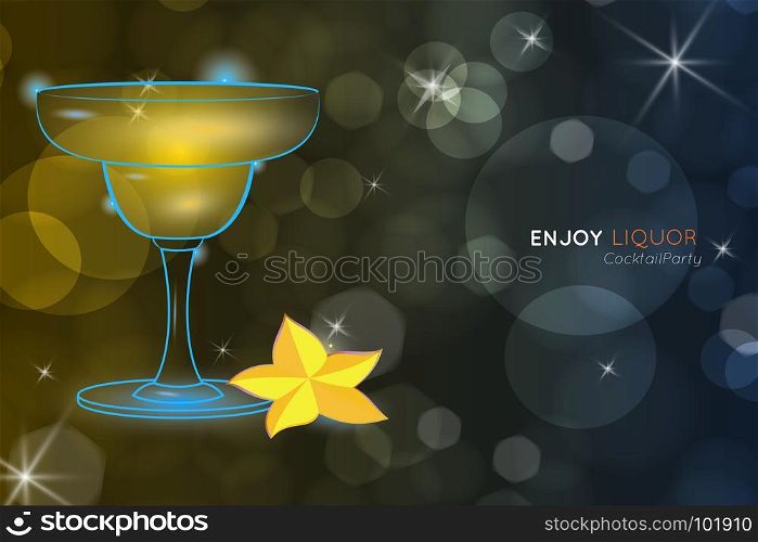 Yellow cocktail in Margarita glass with star fruit bokeh.Neon cocktail with light glowing on black background. Design for cocktail menu, cocktail party, bar poster. Template for nightclub event or party.