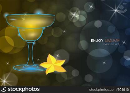 Yellow cocktail in Margarita glass with star fruit bokeh.Neon cocktail with light glowing on black background. Design for cocktail menu, cocktail party, bar poster. Template for nightclub event or party.