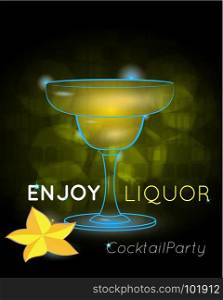 Yellow cocktail in Margarita glass with star fruit disco.Neon cocktail with light glowing on black background. Design for cocktail menu, cocktail party, bar poster. Template for nightclub event or party.