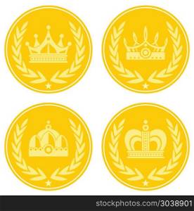 Yellow coin icons with crown on white background. Yellow coin icons with crown on white background. Golden coin icon, vector illustration