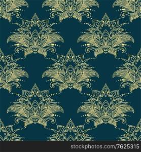 Yellow colored floral seamless pattern background with arabesque elements in damask style for wallpaper, tiles and fabric design in square format isolated over teal color background. Damask seamless floral pattern