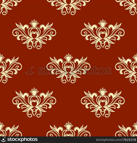 Yellow colored floral seamless pattern with red background in damask style for wallpaper, tiles and fabric design in square format. Seamless floral pattern