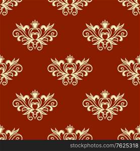 Yellow colored floral seamless pattern with red background in damask style for wallpaper, tiles and fabric design in square format. Seamless floral pattern