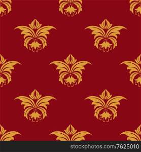 Yellow colored seamless floral pattern with dainty flourish elements for tiles, wallpaper, textile design isolated over maroon background
