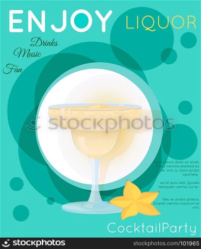 Yellow creamy cocktail in margarita glass with star fruit on green circles.Cocktail illustration on bright contemporary flat background. Design for cocktail menu, bar poster, event invitation. Template for cocktail party.