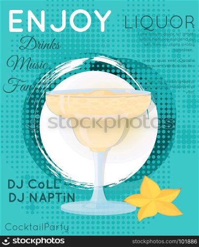 Yellow creamy cocktail in margarita glass with star fruit on grunge circle with halftone texture.Cocktail illustration on bright contemporary flat background. Design for cocktail menu, bar poster, event invitation. Template for cocktail party.