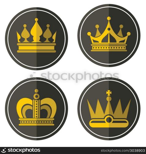 Yellow crown icons on color background. Yellow crown icons on color background. Labels of golden crowns in circle. Vector illustration