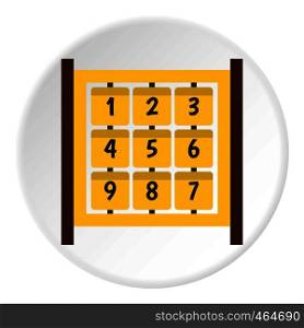 Yellow cubes with numbers on playground icon in flat circle isolated vector illustration for web. Yellow cubes with numbers on playground icon