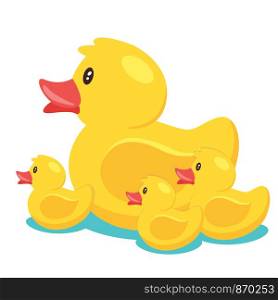 Yellow cute cartoon rubber bath ducks family in blue water. vector illustration