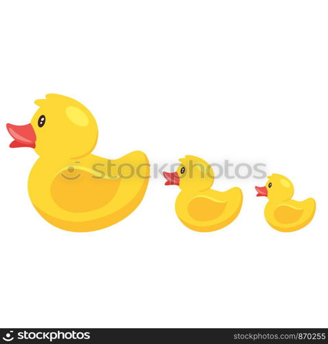 Yellow cute cartoon rubber bath ducks family. vector illustration