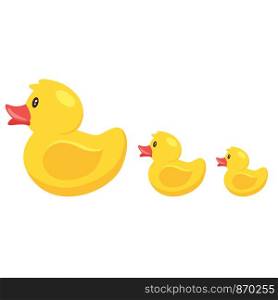 Yellow cute cartoon rubber bath ducks family. vector illustration