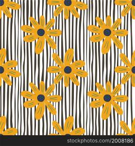 Yellow ditsy flowers seamless pattern on stripes background. Cute chamomile print. Floral ornament. Pretty botanical backdrop. Design for fabric , textile print, surface, wrapping, cover.. Yellow ditsy flowers seamless pattern on stripes background. Cute chamomile print. Floral ornament.