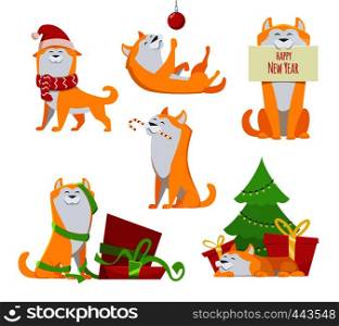 Yellow dog in cartoon style. Symbols of 2018. Character of funny pet. Character animal dog to holiday new year. Vector illustration. Yellow dog in cartoon style. Symbols of 2018. Character of funny pet