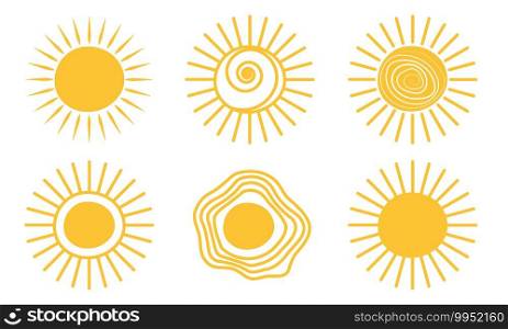 Yellow doodle sunshine logo icon sun. Warm star drawing set. Hot sun doodle summer scribble hand drawn sunshine vector illustration isolated white