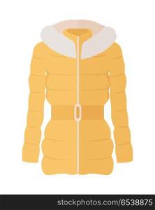 Yellow down jacket with fur collar icon. Women everyday clothing in casual style flat vector illustration isolated on white background. For clothing store ad, fashion concept, app button, web design. Woman Down Jacket Flat Style Vector Illustration. Woman Down Jacket Flat Style Vector Illustration