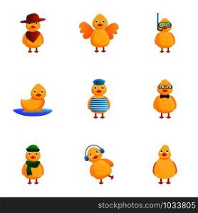 Yellow duck character icon set. Cartoon set of 9 yellow duck character vector icons for web design isolated on white background. Yellow duck character icon set, cartoon style