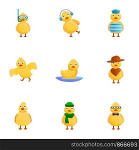 Yellow duck icon set. Cartoon set of 9 yellow duck vector icons for web design isolated on white background. Yellow duck icon set, cartoon style