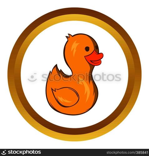 Yellow duck toy vector icon in golden circle, cartoon style isolated on white background. Yellow duck toy vector icon, cartoon style