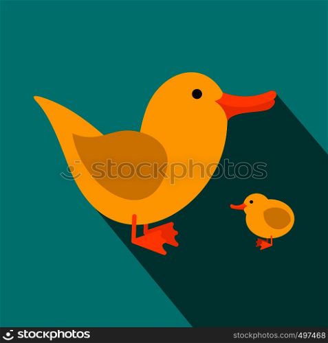 Yellow ducklings flat icon on a blue background. Yellow ducklings flat icon