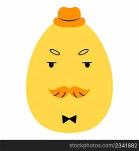 Yellow Easter egg with mustache and hat. Serious gentleman. Vector illustration. Sticker for social network.