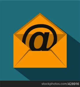 Yellow envelope with email sign icon. Flat illustration of yellow envelope with email sign vector icon for web isolated on baby blue background. Yellow envelope with email sign icon, flat style