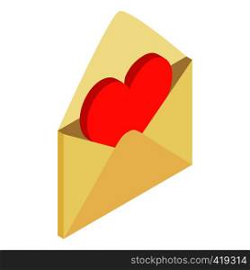 Yellow envelope with red valentine heart isometric 3d icon on a white background. Envelope with valentine heart isometric 3d icon