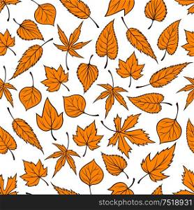 Yellow falling leaves seamless pattern background. Autumn foliage wallpaper with vector elements of maple, birch, aspen, elm, poplar. Falling yellow leaves seamless pattern background