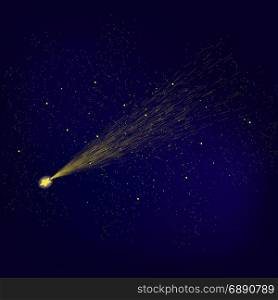 Yellow Falling Star on Blue Night Sky Background. Shooting Stars on Nignt Sky. Meteor Shower.. Yellow Falling Star. Meteor Shower.