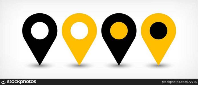Yellow flat map pin sign location icon with shadow. Map pin sign location icon with gray shadow in flat simple style. Four variants in two color black and yellow rounded shapes isolated on white background. Vector illustration web design element 8 EPS