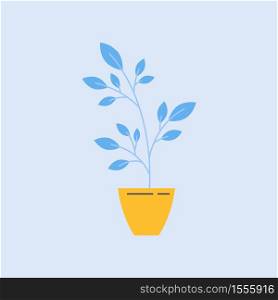 Yellow flowerpot semi flat RGB color vector illustration. Natural domesticated plant with small leaves. Decorative greenery, potted houseplant isolated cartoon object on blue background. Yellow flowerpot semi flat RGB color vector illustration