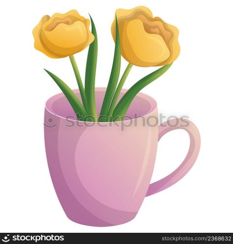 Yellow flowers with green leaf in pink cup. Romantic bloom design. Elegant decoration. Spring season. Isolated flat vector festive illustration.. Yellow flowers with green leaf in pink cup. Romantic bloom design. Elegant decoration. Spring season. Isolated flat vector festive illustration