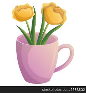 Yellow flowers with green leaf in pink cup. Romantic bloom design. Elegant decoration. Spring season. Isolated flat vector festive illustration.. Yellow flowers with green leaf in pink cup. Romantic bloom design. Elegant decoration. Spring season. Isolated flat vector festive illustration