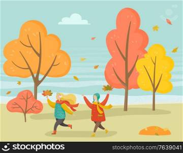 Yellow foliage of trees in autumn forest vector. Children playing in park, gathering leaves and flora. Weekend of kids boy and girl running outside. Outdoors activities of friends flat style. Kids Playing in Park in Autumn Season, Forest Tree