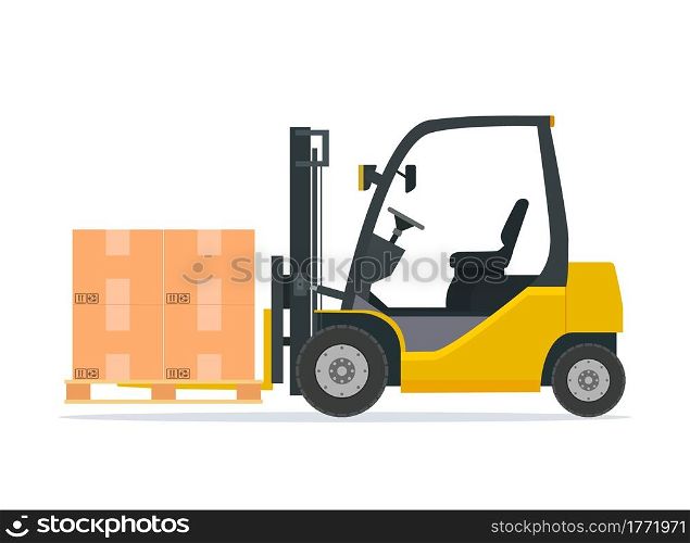 Yellow forklift truck isolated on white background. Forklift unloads the pallets with boxes. Delivery, logistic and shipping cargo. Warehouse and storage equipment. Vector illustration in flat style. Yellow forklift truck