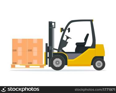 Yellow forklift truck isolated on white background. Forklift unloads the pallets with boxes. Delivery, logistic and shipping cargo. Warehouse and storage equipment. Vector illustration in flat style. Yellow forklift truck