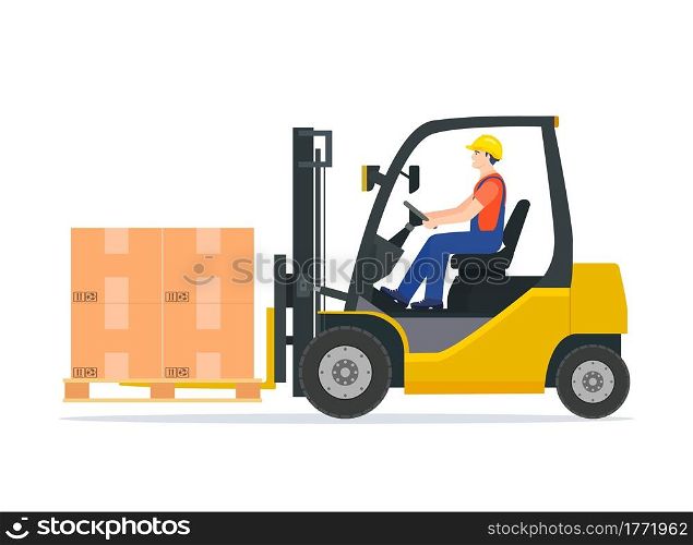 Yellow forklift truck with driver isolated on white background. electric uploader. Delivery, logistic and shipping cargo. Warehouse and storage equipment. Flat vector illustration. Yellow forklift truck