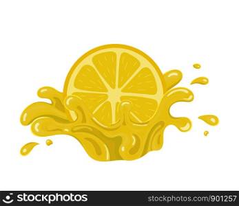 Yellow fresh cut slice lemon with juice splash isolated on white background. Sweet food. Organic fruit. Vector illustration for any design.